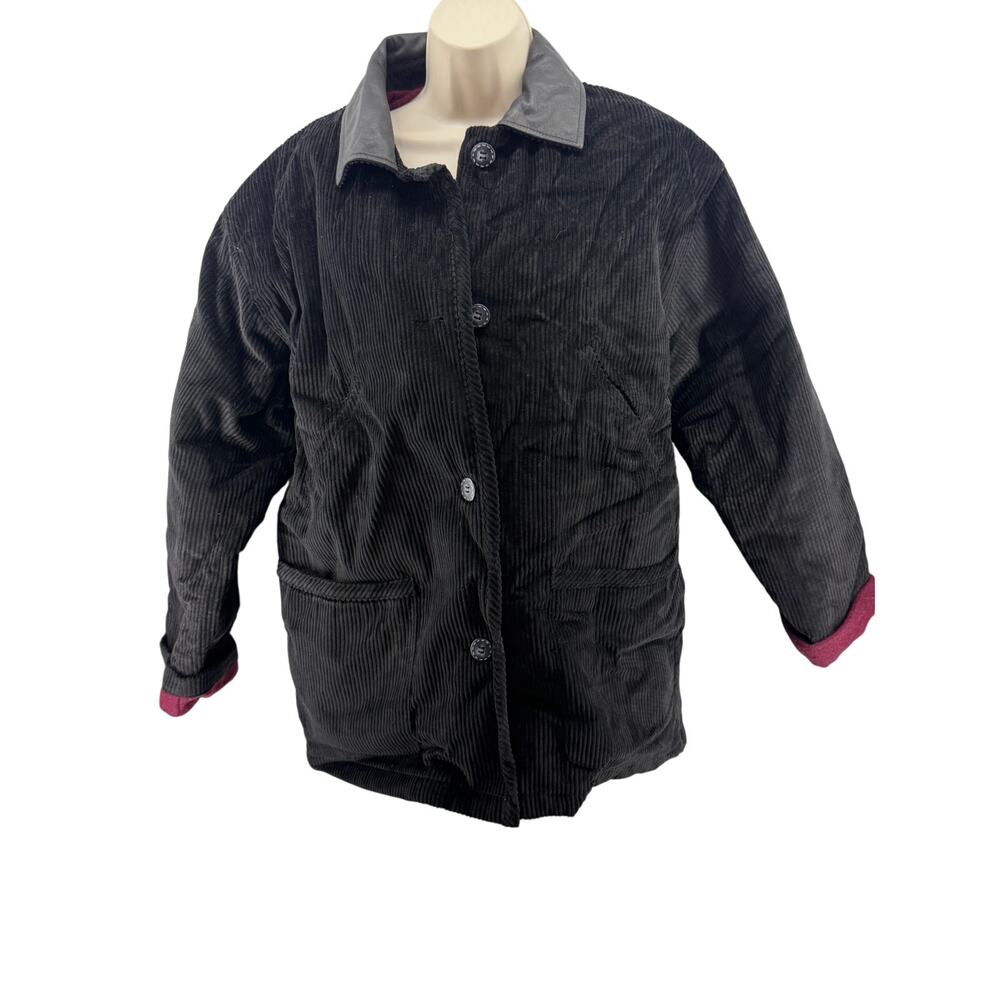 Vintage Express Jacket Black Corduroy Leather Collar Quilted Lined Chore Xsmall